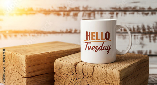 Cozy morning with Hello Tuesday mug on rustic wooden blocks by serene lake
