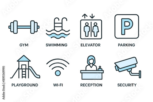 Essential facility and amenity icons: gym, pool, elevator, parking, playground, wi-fi, reception, security