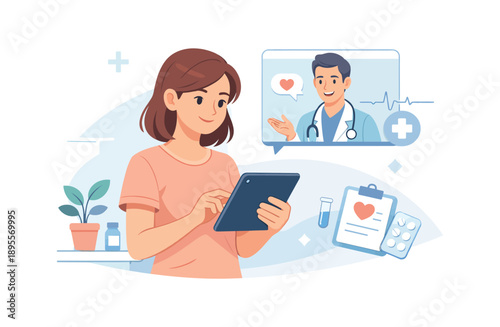 Woman using tablet for telehealth consultation with doctor and medical icons
