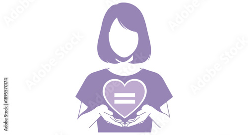 Woman holding heart with equality symbol representing gender equality.