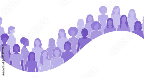 Diverse group of people silhouettes in varying shades of purple.