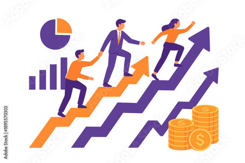 Teamwork and success: business people climbing arrows with growth charts and coins