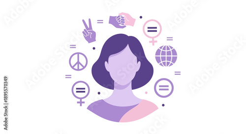Woman surrounded by symbols of peace equality and global unity.
