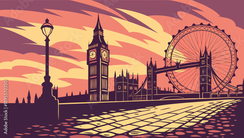 London skyline showcasing big ben, the london eye, and other iconic landmarks. Perfect for travel websites, posters, and promotional materials.