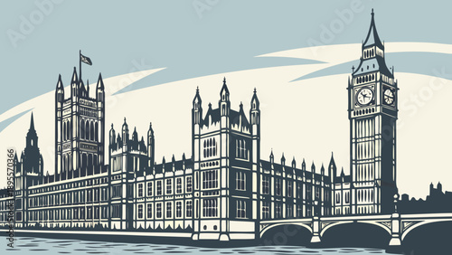 London skyline featuring houses of parliament and big ben in the vibrant cityscape. Perfect for travel brochures or websites.