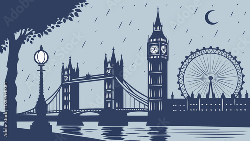 London skyline featuring big ben and the london eye, perfect for travel brochures, postcards, websites, and promotional materials with a modern twist.