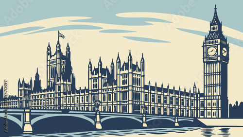 London skyline houses of parliament with big ben majestically punctuate vibrant skyline. Suitable for travel websites, posters, and city guides.