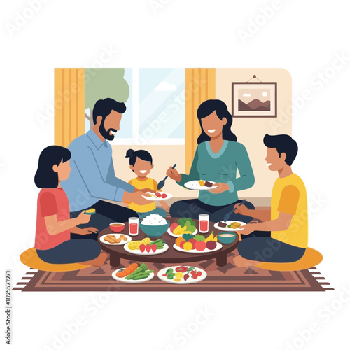 Family gathering around dinner table indoors with food and drinks, enjoying meal together in cozy living room setting from above viewpoint