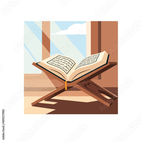 An open religious book on a wooden stand near a window with natural light