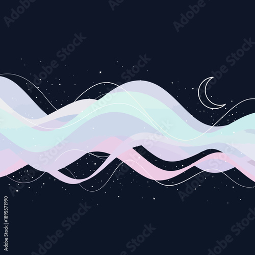 Wavy lines and crescent moon in a starry night sky illustration with flowing shapes