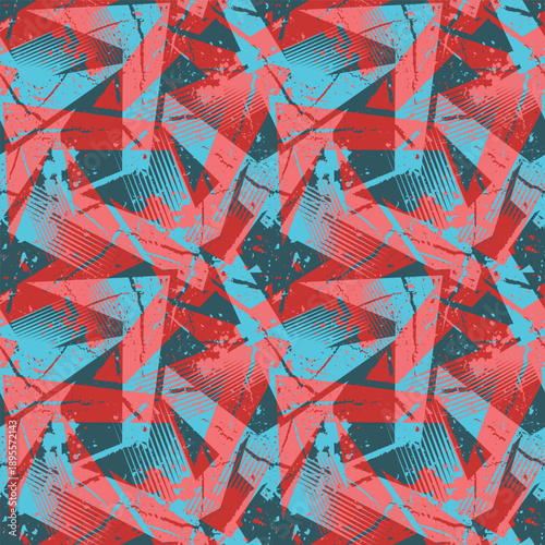 Seamless abstract geometric pattern with layered shapes, rough textures and dynamic lines in red and blue colors. Modern grunge graphic background for fabric, textile, wallpaper and wrapping paper.