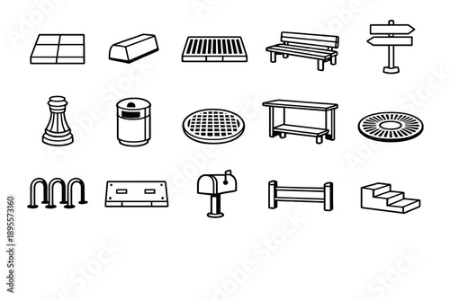 Street discovery items in outline vector style: sidewalk tile, curb stone, drain grate, park bench, street sign, lamppost base, trash bin, storm drain cover