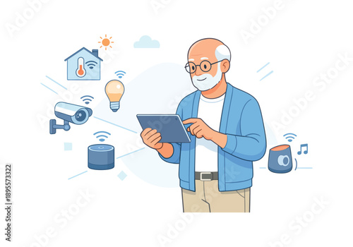 Senior man with tablet controlling smart home devices, vector illustration