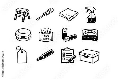 False Alarm Check Tools in outline vector style: step stool, screwdriver, cleaning cloth, spray bottle, sensor cover, lens wipe, spare battery, battery tester