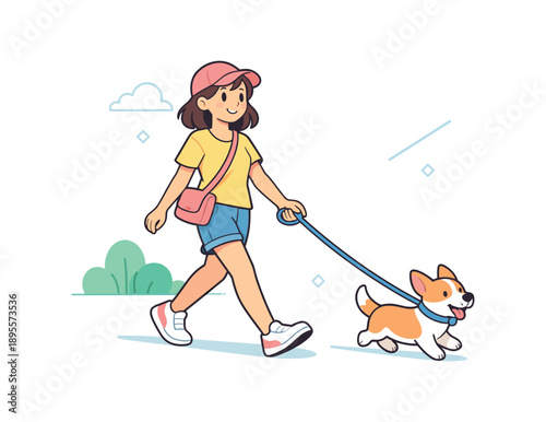 Cheerful girl walking corgi dog in park, cartoon vector illustration