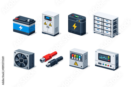 Clean energy systems energy storage units in isometric flat style: lithium battery, battery cabinet, power bank, energy storage rack, cooling fan, cable