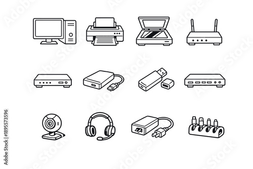 Women in Business Office Technology in outline vector style: desktop computer, printer, scanner, router, modem, external hard drive, usb flash drive, docking