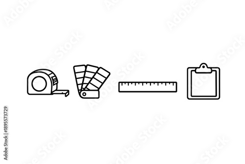 Interior designer planning essentials in outline vector style: measuring tape, color swatch, ruler, clipboard