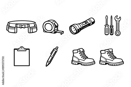 Professional mover tools and gear in outline vector style: tool belt, measuring tape, flashlight, screwdriver, wrench, clipboard, pen, work boots