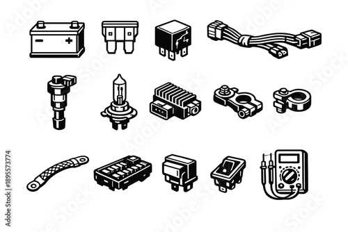 Electrical System Failure Parts in outline vector style: car battery, fuse, relay, wiring harness, ignition coil, headlight bulb, voltage regulator, battery