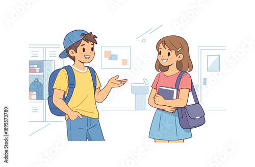 Teen students chatting in school hallway, flat vector illustration