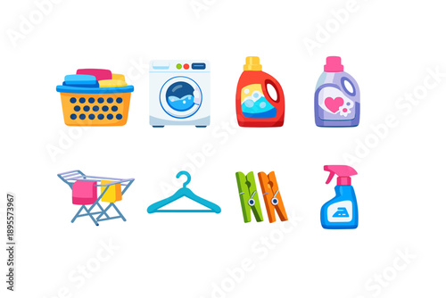 Laundry and care accessories flat style: laundry basket, washing machine, detergent bottle, fabric softener bottle, drying rack, clothes hanger, clothespin