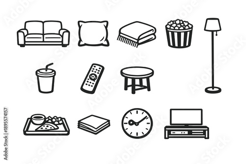 Family Movie and Relaxation Items in outline vector style: sofa, cushion pillow, throw blanket, popcorn bucket, drinking cup, television remote, side table
