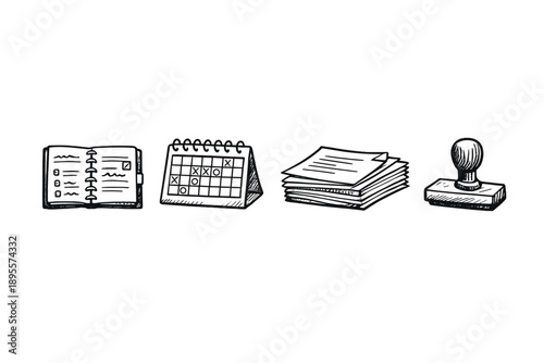 Customs broker desk essentials in doodle style: planner, calendar, paper stack, rubber stamp