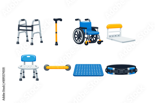 Mobility and safety aids in flat style: walker, cane, wheelchair, bed rail, shower chair, grab bar, non-slip mat, transfer belt
