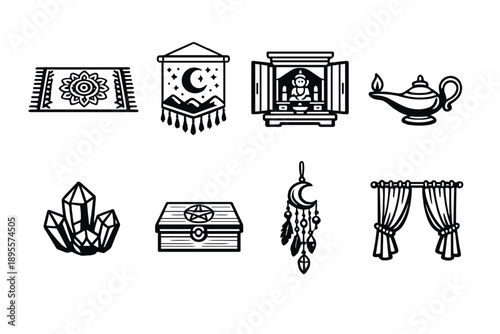 Sacred space accessories in outline vector style: floor mat, wall tapestry, shrine cabinet, oil lamp, crystal stone, wooden box, hanging charm, curtain panel