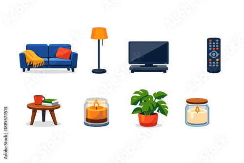 Shared evening relaxation flat style: sofa, floor lamp, throw blanket, television, remote control, side table, candle jar, houseplant