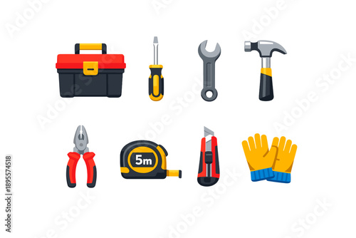 Household maintenance tools flat style: toolbox, screwdriver, wrench, hammer, pliers, tape measure, utility knife, work gloves