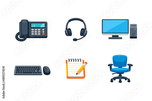 Customer service desk equipment in flat style: desk phone, headset, desktop computer, keyboard, mouse, notepad, pen holder, office chair