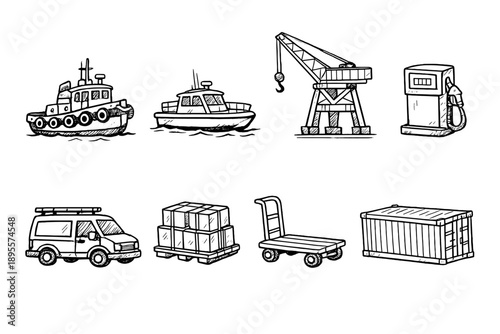 Marine services harbor support items in doodle style: tugboat, pilot boat, dock crane, fuel pump, service van, cargo pallet, dock cart, storage container