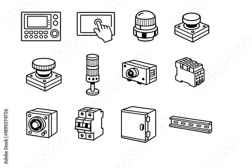 Process Monitoring and Control Equipment in outline vector style: control panel, touchscreen display, indicator light, push button switch, emergency stop button
