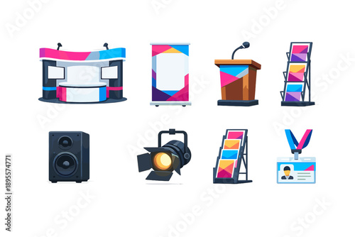 Joint event equipment in flat style: exhibition booth, roll up banner, podium, microphone, speaker, stage light, brochure stand, visitor badge