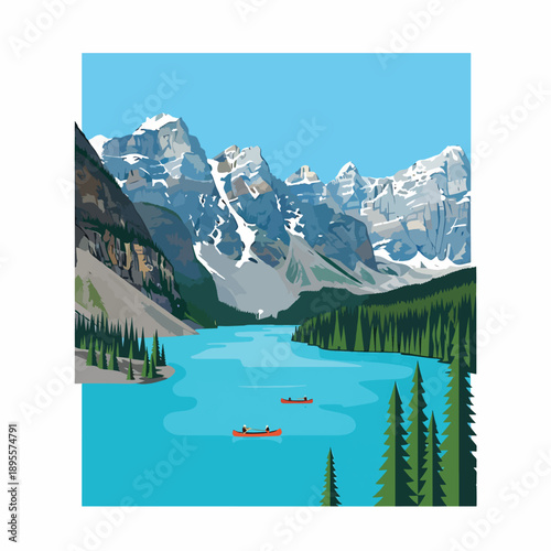 Mountain Lake with Canoeists