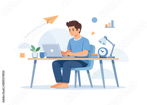 Man working on laptop at desk in home office, flat vector illustration