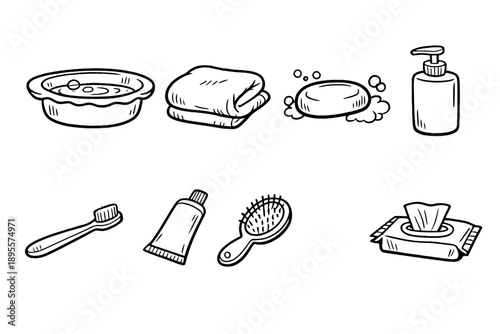 Patient care hygiene essentials in doodle style: wash basin, towel, soap bar, lotion bottle, toothbrush, toothpaste tube, hairbrush, wet wipe pack