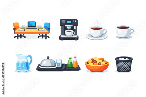 Corporate hospitality supplies in flat style: meeting room table, coffee machine, ceramic cup, glass pitcher, serving tray, snack bowl, table napkin, waste bin
