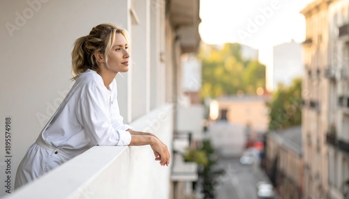 Woman standing on balcony overlooking city street framed by buildings during exterior renovation downtime