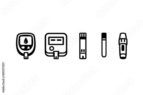 Preventive care diagnostic instruments in outline vector style: glucometer, cholesterol test kit, test strip, lancet