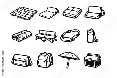 Outdoor Seating Gear in outline vector style: picnic blanket, ground mat, seat cushion, stadium seat, foam pad, folding bench, carry strap, storage sleeve
