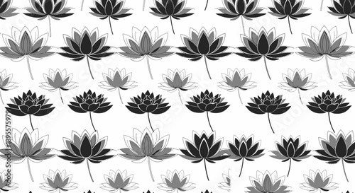 Black and White Lotus Flowers Pattern.