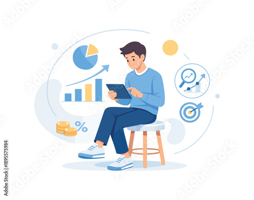 Businessman analyzing data on tablet with charts and graphs