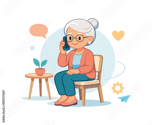 Elderly woman talking on phone in cozy room setting with plant and heart icons