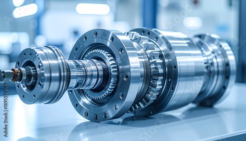 Detailed metallic drivetrain assembly photographed in clean industrial environment showcasing advanced mechanics