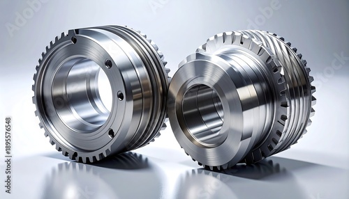 Paired industrial gears with sharp teeth displayed on neutral background emphasizing mechanical craftsmanship