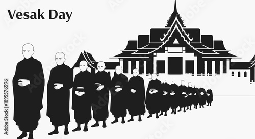 Vesak Day illustration, long procession of Buddhist monks walking in line, wearing traditional robes, carrying alms bowls, calm and spiritual atmosphere, temple architecture in the background, minimal