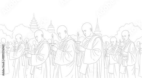 Monks Standing in Line with Candles.
